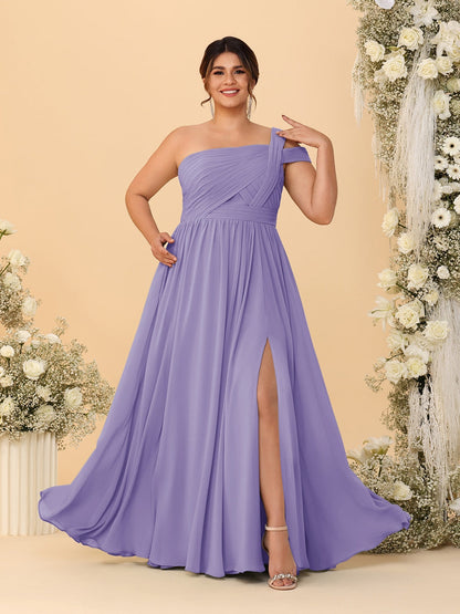 Robes de Demoiselle d'Honneur Grande Taille Ligne A/Princesse à Une Épaule sans Manches Longueur Au Sol Plissées avec Fente Latérale
