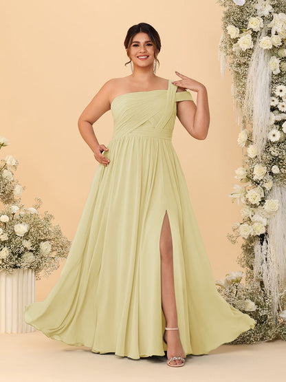 Robes de Demoiselle d'Honneur Grande Taille Ligne A/Princesse à Une Épaule sans Manches Longueur Au Sol Plissées avec Fente Latérale