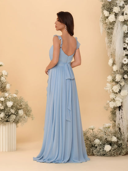 Robes de Demoiselle d'Honneur Ligne A/Princesse Col Carré sans Manches Plissées avec Fente Latérale et Volants