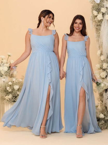 Robes de Demoiselle d'Honneur Ligne A/Princesse Col Carré sans Manches Plissées avec Fente Latérale et Volants