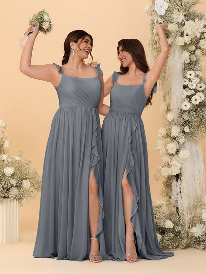 Robes de Demoiselle d'Honneur Ligne A/Princesse Col Carré sans Manches Plissées avec Fente Latérale et Volants