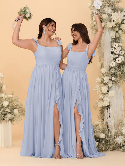 Robes de Demoiselle d'Honneur Ligne A/Princesse Col Carré sans Manches Plissées avec Fente Latérale et Volants