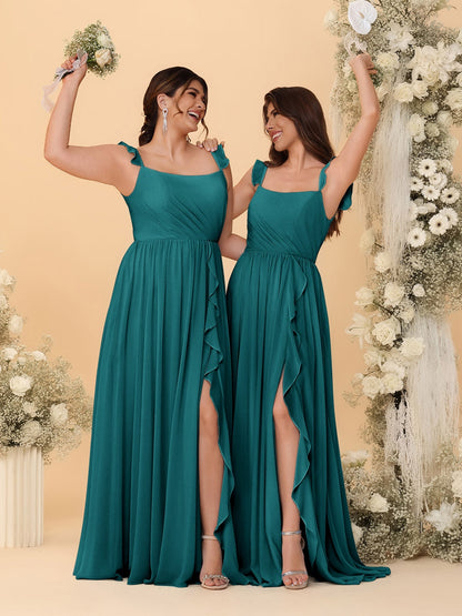 Robes de Demoiselle d'Honneur Ligne A/Princesse Col Carré sans Manches Plissées avec Fente Latérale et Volants