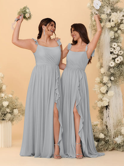 Robes de Demoiselle d'Honneur Ligne A/Princesse Col Carré sans Manches Plissées avec Fente Latérale et Volants