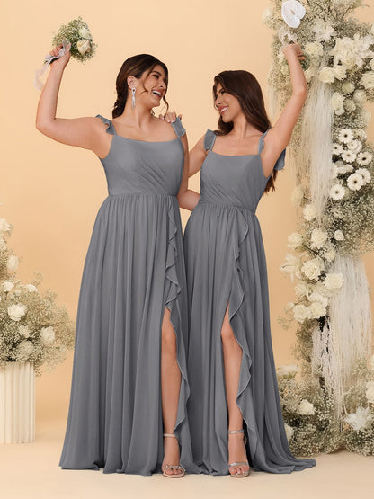 Robes de Demoiselle d'Honneur Ligne A/Princesse Col Carré sans Manches Plissées avec Fente Latérale et Volants