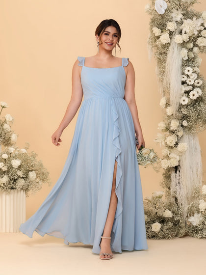 Robes de Demoiselle d'Honneur Grande Taille Ligne A/Princesse Col Carré sans Manches avec Fente Latérale et Volants