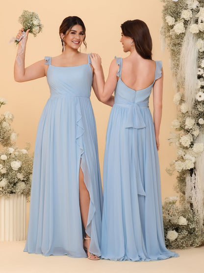 Robes de Demoiselle d'Honneur Grande Taille Ligne A/Princesse Col Carré sans Manches avec Fente Latérale et Volants