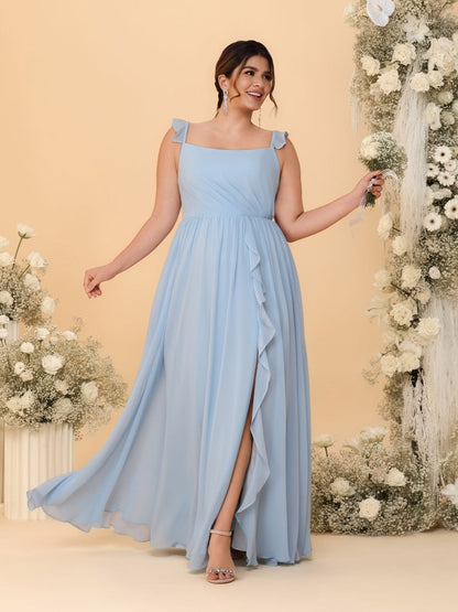 Robes de Demoiselle d'Honneur Grande Taille Ligne A/Princesse Col Carré sans Manches avec Fente Latérale et Volants