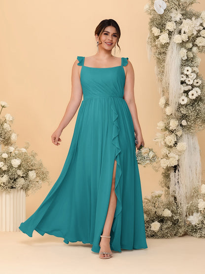Robes de Demoiselle d'Honneur Grande Taille Ligne A/Princesse Col Carré sans Manches avec Fente Latérale et Volants