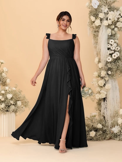 Robes de Demoiselle d'Honneur Grande Taille Ligne A/Princesse Col Carré sans Manches avec Fente Latérale et Volants