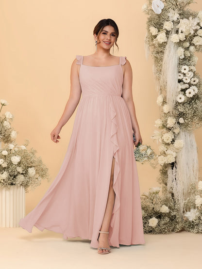 Robes de Demoiselle d'Honneur Grande Taille Ligne A/Princesse Col Carré sans Manches avec Fente Latérale et Volants