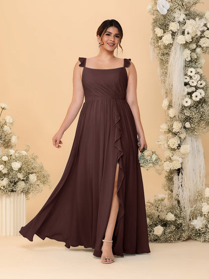 Robes de Demoiselle d'Honneur Grande Taille Ligne A/Princesse Col Carré sans Manches avec Fente Latérale et Volants
