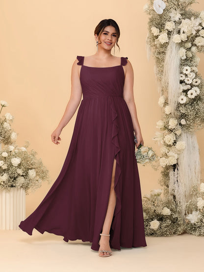 Robes de Demoiselle d'Honneur Grande Taille Ligne A/Princesse Col Carré sans Manches avec Fente Latérale et Volants