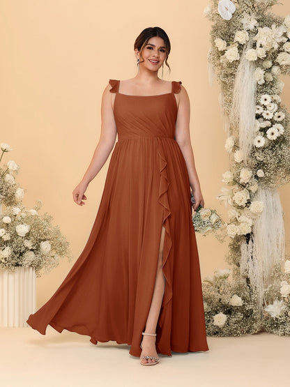 Robes de Demoiselle d'Honneur Grande Taille Ligne A/Princesse Col Carré sans Manches avec Fente Latérale et Volants