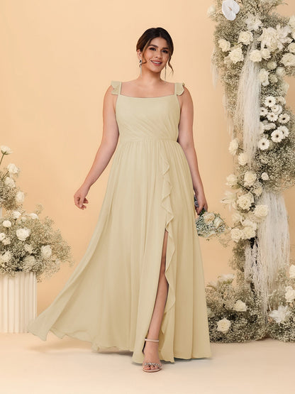 Robes de Demoiselle d'Honneur Grande Taille Ligne A/Princesse Col Carré sans Manches avec Fente Latérale et Volants