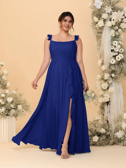 Robes de Demoiselle d'Honneur Grande Taille Ligne A/Princesse Col Carré sans Manches avec Fente Latérale et Volants