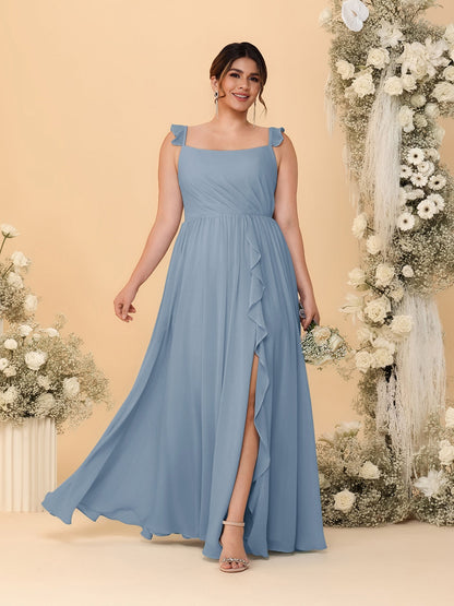 Robes de Demoiselle d'Honneur Grande Taille Ligne A/Princesse Col Carré sans Manches avec Fente Latérale et Volants