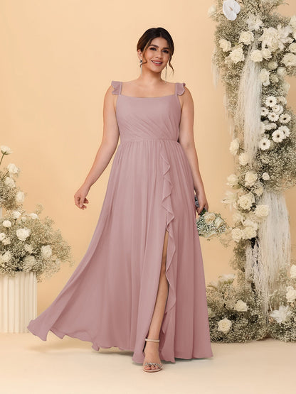 Robes de Demoiselle d'Honneur Grande Taille Ligne A/Princesse Col Carré sans Manches avec Fente Latérale et Volants