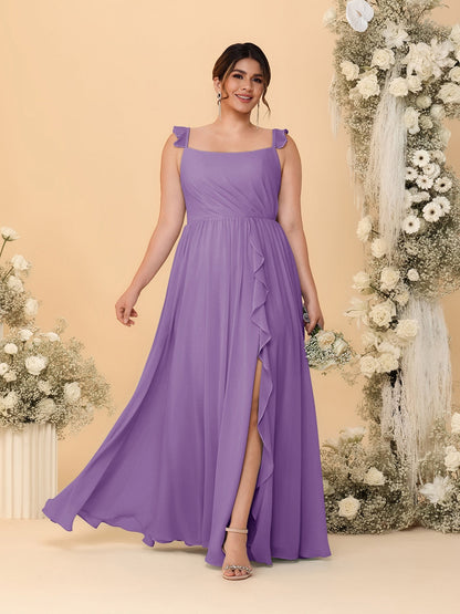 Robes de Demoiselle d'Honneur Grande Taille Ligne A/Princesse Col Carré sans Manches avec Fente Latérale et Volants