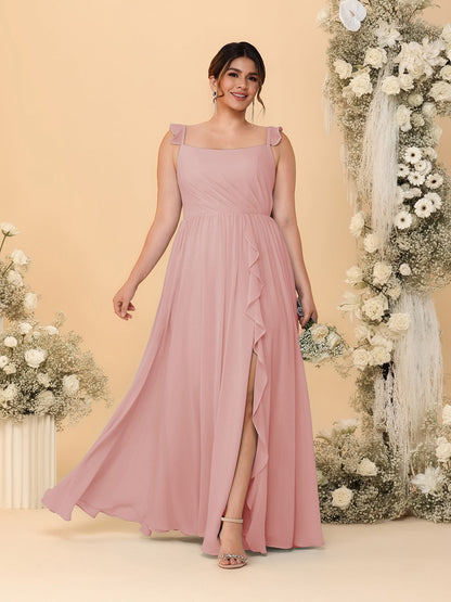 Robes de Demoiselle d'Honneur Grande Taille Ligne A/Princesse Col Carré sans Manches avec Fente Latérale et Volants