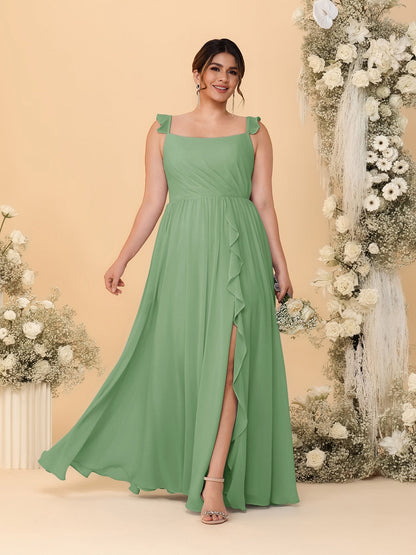 Robes de Demoiselle d'Honneur Grande Taille Ligne A/Princesse Col Carré sans Manches avec Fente Latérale et Volants