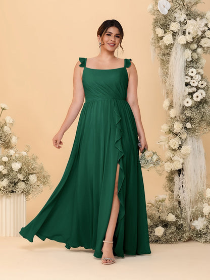 Robes de Demoiselle d'Honneur Grande Taille Ligne A/Princesse Col Carré sans Manches avec Fente Latérale et Volants