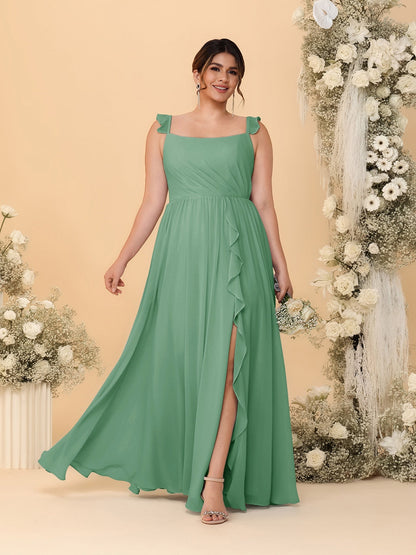 Robes de Demoiselle d'Honneur Grande Taille Ligne A/Princesse Col Carré sans Manches avec Fente Latérale et Volants