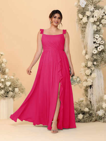 Robes de Demoiselle d'Honneur Grande Taille Ligne A/Princesse Col Carré sans Manches avec Fente Latérale et Volants