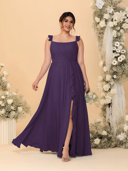 Robes de Demoiselle d'Honneur Grande Taille Ligne A/Princesse Col Carré sans Manches avec Fente Latérale et Volants