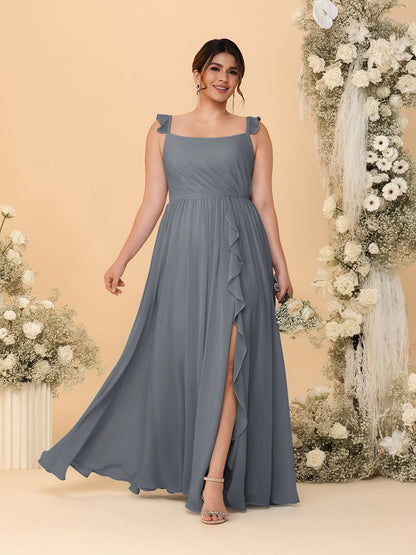 Robes de Demoiselle d'Honneur Grande Taille Ligne A/Princesse Col Carré sans Manches avec Fente Latérale et Volants