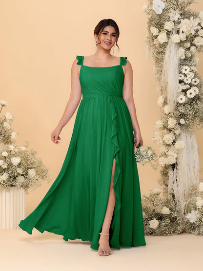 Robes de Demoiselle d'Honneur Grande Taille Ligne A/Princesse Col Carré sans Manches avec Fente Latérale et Volants