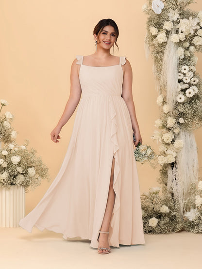 Robes de Demoiselle d'Honneur Grande Taille Ligne A/Princesse Col Carré sans Manches avec Fente Latérale et Volants
