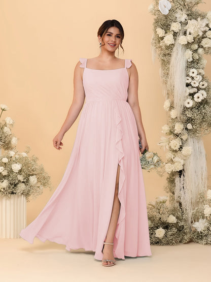 Robes de Demoiselle d'Honneur Grande Taille Ligne A/Princesse Col Carré sans Manches avec Fente Latérale et Volants