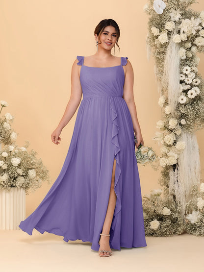 Robes de Demoiselle d'Honneur Grande Taille Ligne A/Princesse Col Carré sans Manches avec Fente Latérale et Volants