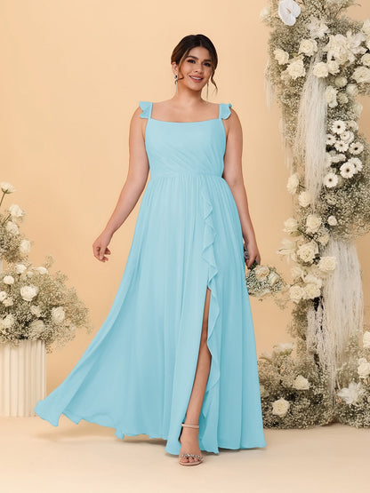 Robes de Demoiselle d'Honneur Grande Taille Ligne A/Princesse Col Carré sans Manches avec Fente Latérale et Volants