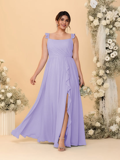 Robes de Demoiselle d'Honneur Grande Taille Ligne A/Princesse Col Carré sans Manches avec Fente Latérale et Volants