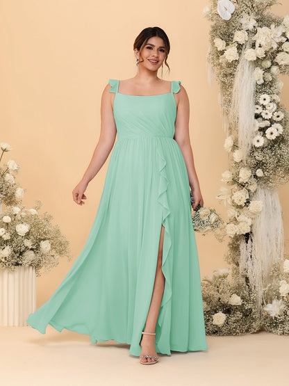 Robes de Demoiselle d'Honneur Grande Taille Ligne A/Princesse Col Carré sans Manches avec Fente Latérale et Volants