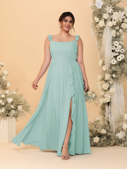 Robes de Demoiselle d'Honneur Grande Taille Ligne A/Princesse Col Carré sans Manches avec Fente Latérale et Volants