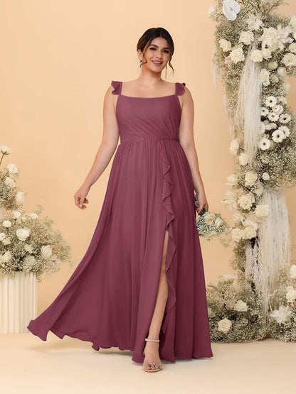Robes de Demoiselle d'Honneur Grande Taille Ligne A/Princesse Col Carré sans Manches avec Fente Latérale et Volants