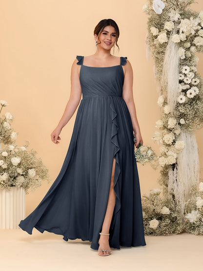 Robes de Demoiselle d'Honneur Grande Taille Ligne A/Princesse Col Carré sans Manches avec Fente Latérale et Volants