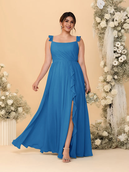 Robes de Demoiselle d'Honneur Grande Taille Ligne A/Princesse Col Carré sans Manches avec Fente Latérale et Volants