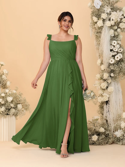 Robes de Demoiselle d'Honneur Grande Taille Ligne A/Princesse Col Carré sans Manches avec Fente Latérale et Volants