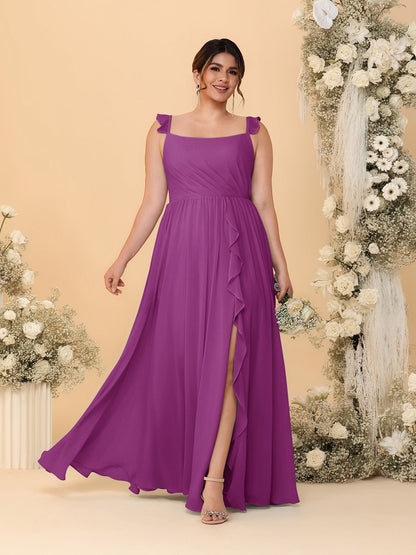 Robes de Demoiselle d'Honneur Grande Taille Ligne A/Princesse Col Carré sans Manches avec Fente Latérale et Volants