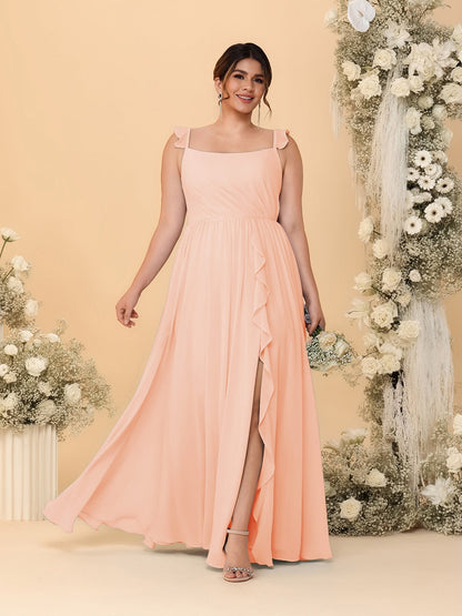 Robes de Demoiselle d'Honneur Grande Taille Ligne A/Princesse Col Carré sans Manches avec Fente Latérale et Volants