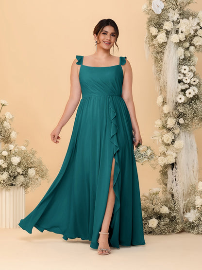 Robes de Demoiselle d'Honneur Grande Taille Ligne A/Princesse Col Carré sans Manches avec Fente Latérale et Volants