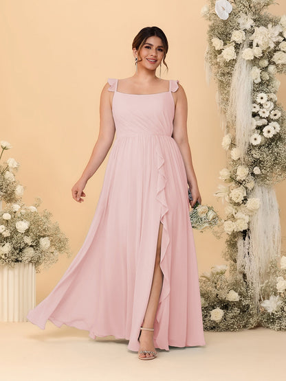 Robes de Demoiselle d'Honneur Grande Taille Ligne A/Princesse Col Carré sans Manches avec Fente Latérale et Volants