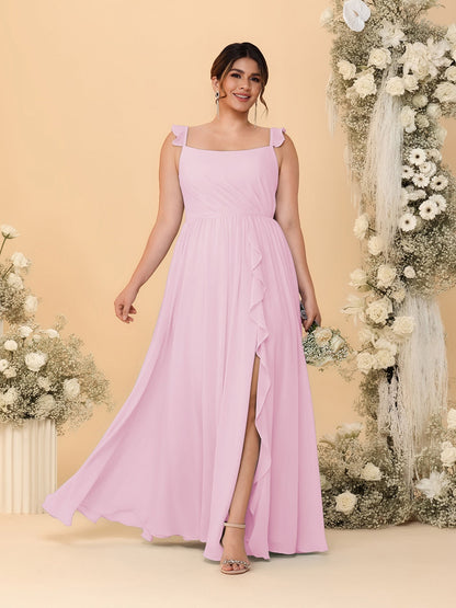 Robes de Demoiselle d'Honneur Grande Taille Ligne A/Princesse Col Carré sans Manches avec Fente Latérale et Volants