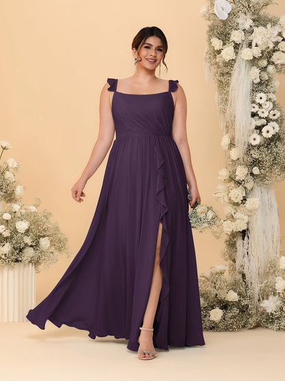 Robes de Demoiselle d'Honneur Grande Taille Ligne A/Princesse Col Carré sans Manches avec Fente Latérale et Volants