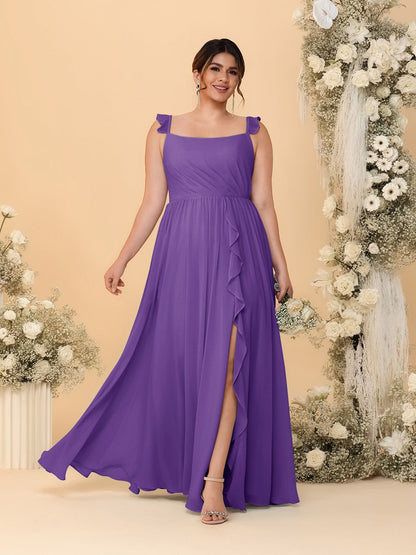 Robes de Demoiselle d'Honneur Grande Taille Ligne A/Princesse Col Carré sans Manches avec Fente Latérale et Volants