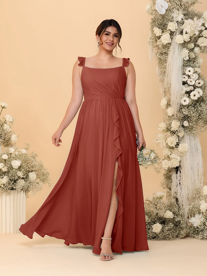 Robes de Demoiselle d'Honneur Grande Taille Ligne A/Princesse Col Carré sans Manches avec Fente Latérale et Volants
